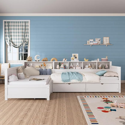 Bellemave L Shaped Corner Bed for 2 Kids, Double Twin Platform BedFrame with 3 Storage Drawers and Shelves, White