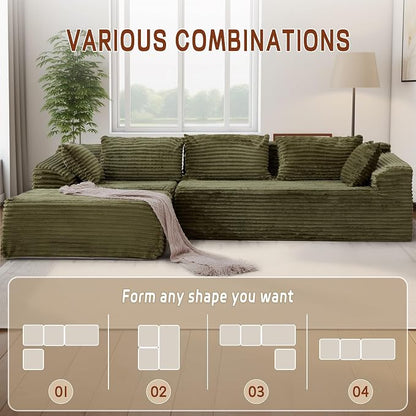 Korser 108" L-Shaped Modular Sectional Sofa with Chaise, Boneless Comfy Corduroy Fluffy Couch with Deep Seat and Side Pockets, Flexible Module Combination for Living Room, No Assembly, Side Pockets