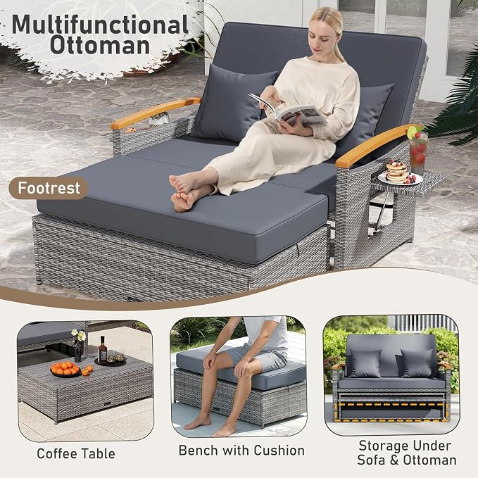 LDAILY Moccha Outdoor Wicker Daybed, Patio Rattan Loveseat Sofa w/ 4-Level Adjustable Backrest, Folding Panels, Storage Ottoman & Cushions, Lounge Furniture Set for Poolside Backyard Porch (Grey)