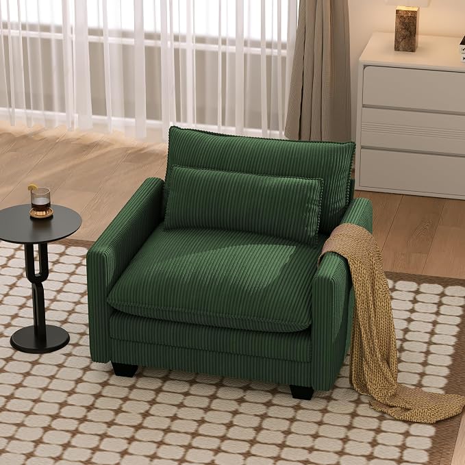 Gizoon Cloud Accent Chair with Washable Cover, Corduroy Single Sofa Chair with Comfy Deep Seat, Modern Armchair with Pillow for Living Room Bedroom, Green