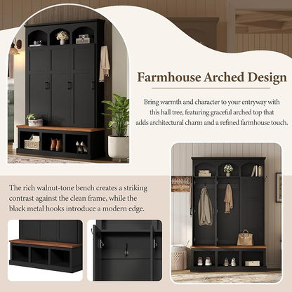 Merax Classic Arched Hall Tree with 3 Hidden Storage, Farmhouse Mudroom Bench with 5 Hooks, Mid-Century Entryway Organizer for Shoes, Black