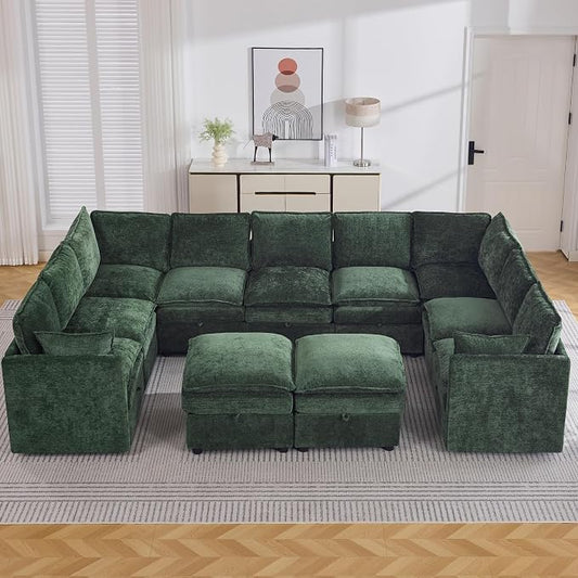 130" Green Oversized Modular Storage Sofa, U Shaped Chenille Cloud Couch | Oversized Convertible Sectional Sofa, 9-Seat Sectional Couch With 2 Ottomans, Large Cloud Couch For Living Room, Apartment.