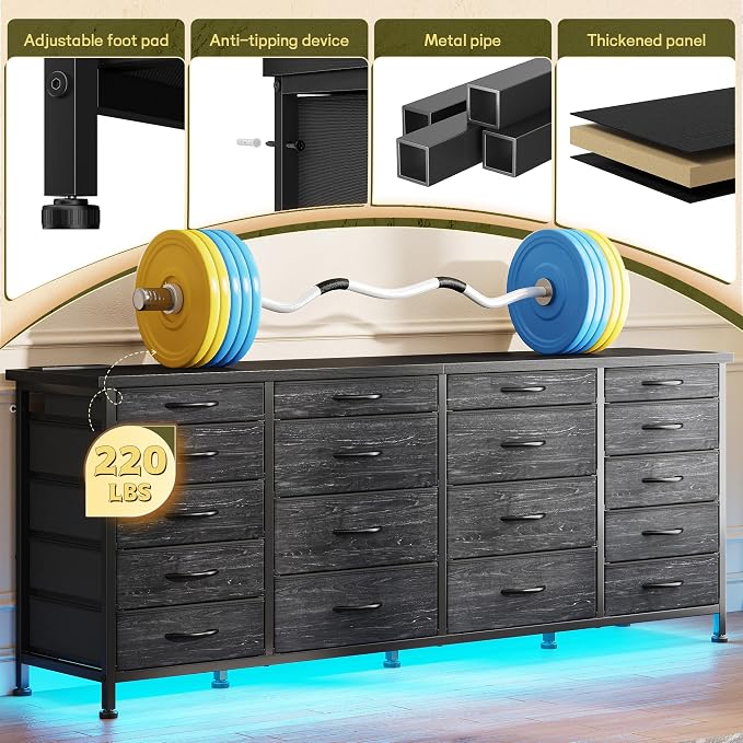 EnHomee 63" W Black TV Stand for Living Room, 18 Drawers, LED & Charging | Long Dresser for 65"-75" TV, Deep Drawer, Spacious Storage, Drawers Glide, No Wobbling, Anti-tip, Easy Assembly, Wipes Clean