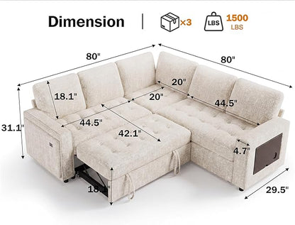 Vipbear 5 Seat L Shaped Modular Sectional Sleeper Sofa Bed with Pull Out Bed/Reclining Backrest/USB Ports/Storage Seat, Sectional Sleeper Couch, Tool-Free Assembly, Chenille Beige