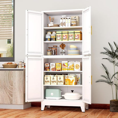 75" Tall Kitchen Pantry Cabinet, White Metal Pantry Storage | Storage Cabinet with Doors and 3 Adjustable Shelves, Steel Storage, Bathroom cabinets Organizer, Cupboard for Home, Office