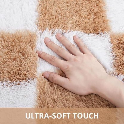Ophanie Checkered Beige & White Rug for Living Room Bedroom,Fluffy Soft Cute Fuzzy Area Rugs,Shag Plush Shaggy Bedside Floor 4x6 Furry Carpet Kids Baby Teen Dorm Decor with Over 99 pcs Pile fibers