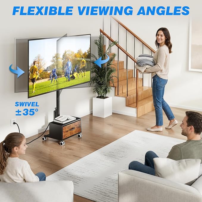Rfiver Rolling TV Stand with Power Outlet and Drawer for 32-60 Inch TVs, Swivel Mobile TV Cart with Wheels, 6-Level Height Adjustable Floor TV Mount up to 88lbs, Max VESA 400x400mm