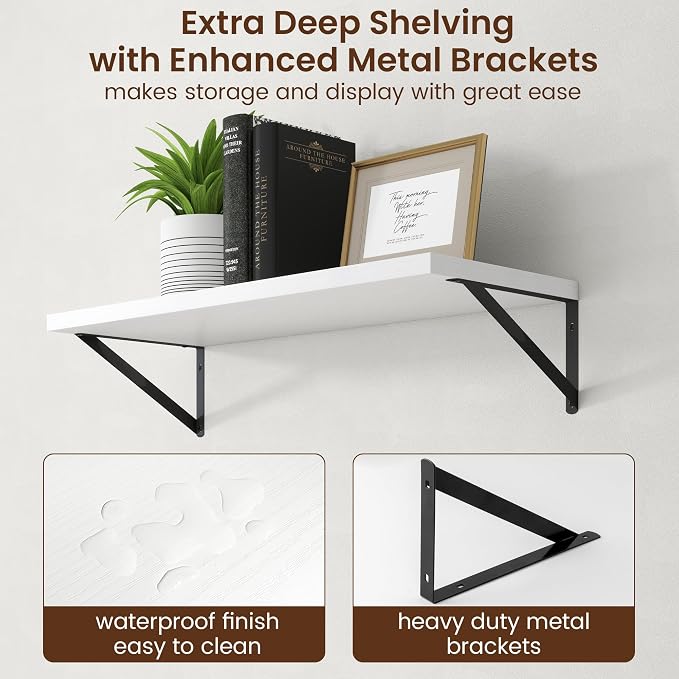 Axeman 12 Inch Deep Floating Shelves 30 Inches Long Set of 2 | 30'' x 12'' Rustic White Wood Shelves for Wall, Extra Deep Wall Shelves for Living Room Bathroom Kitchen