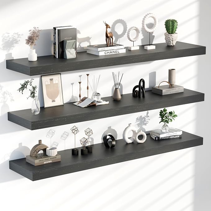 Floating Shelves for Wall, 60 Inch Extra Long Black Wall Shelves, Set of 3, Hanging Invisible Brackets Floating Shelves for Living Room,Bedroom,and Kitchen