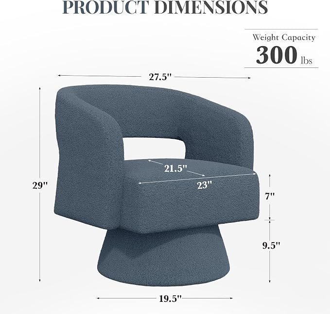 Swivel Barrel Accent Chair,Oversized Teddy Upholstered Round Swivel Chair,Modern Luxury 360 Degree Living Room Vanity Chair for Bedroom Office,Blue