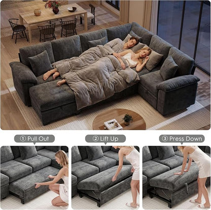 Ihanherry 108" Modular Sectional Sofa with Pull Out Bed, 7-Seater L Shaped Sectional Sleeper Couch with Storage, Chenille Convertible Couches for Living Room, Apartment (Grey)