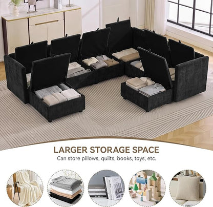 105" Black Modular Storage Sofa, U Shaped Chenille Couch with 2 Ottomans | Oversized Convertible Sectional Sofa, 6-Seat Sectional Couch With 2 Ottomans, Large Cloud Couch For Living Room, Apartment.