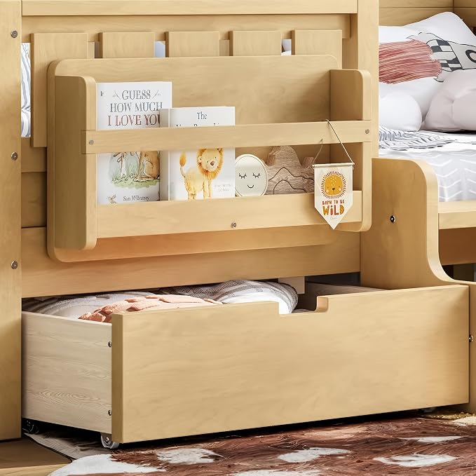 Bellemave Twin Size Kids Montessori Bed with Stairs and Bookshelf,Solid Wood Twin Size Kids Bed Frame with Drawers and Storage for Girls Boys,Low-Profile,Light Natural