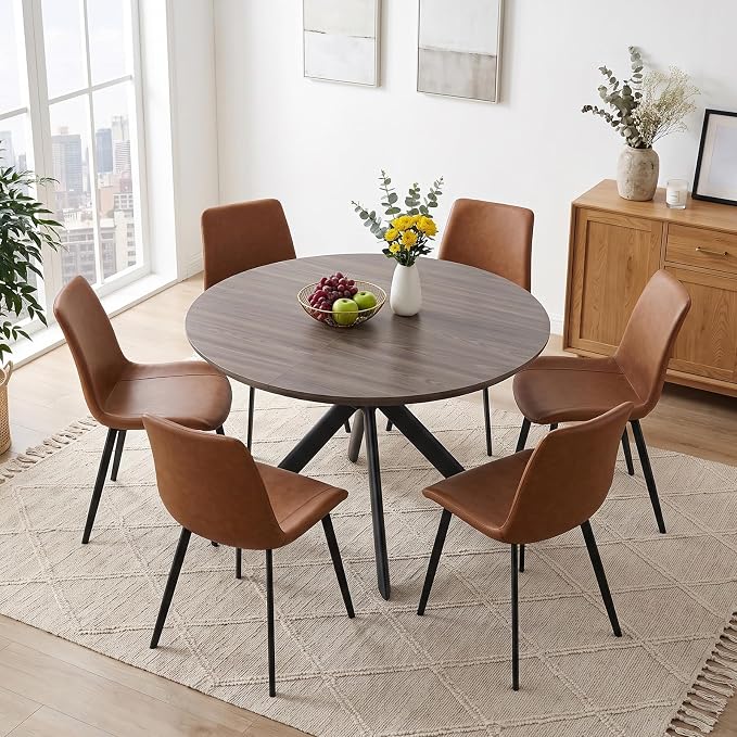 HIPIHOM 43.2"-59.1" Oak Round Extendable Table with PU Chairs Set of 7 | Includes 6 PU leather chairs, mid century modern, thickened MDF table top, scratch resistant, space saver