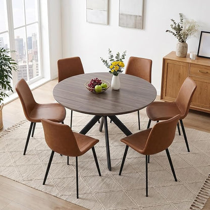 HIPIHOM 43.2"-59.1" Oak Round Extendable Table with PU Chairs Set of 7 | Includes 6 PU leather chairs, mid century modern, thickened MDF table top, scratch resistant, space saver