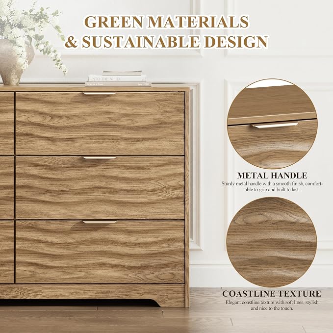 MALOL Coastline Fluted 6 Drawers Dresser for Bedroom, 48" Wide Modern Chest of TV Stand Organizers with Metal Handle, Storage Wooden Dresser Drawer for Living Room, Hallway, Closet, Walnut Wood