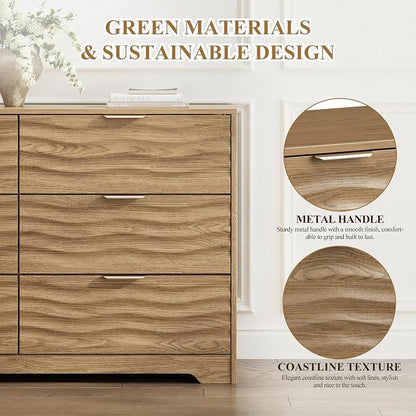 Coastline Fluted 6 Drawers Dresser for Bedroom, 55" Wide Modern Chest of TV Stand Organizers with Metal Handle, Storage Wooden Dresser Drawer for Living Room, Hallway, Closet,Walnut Wood