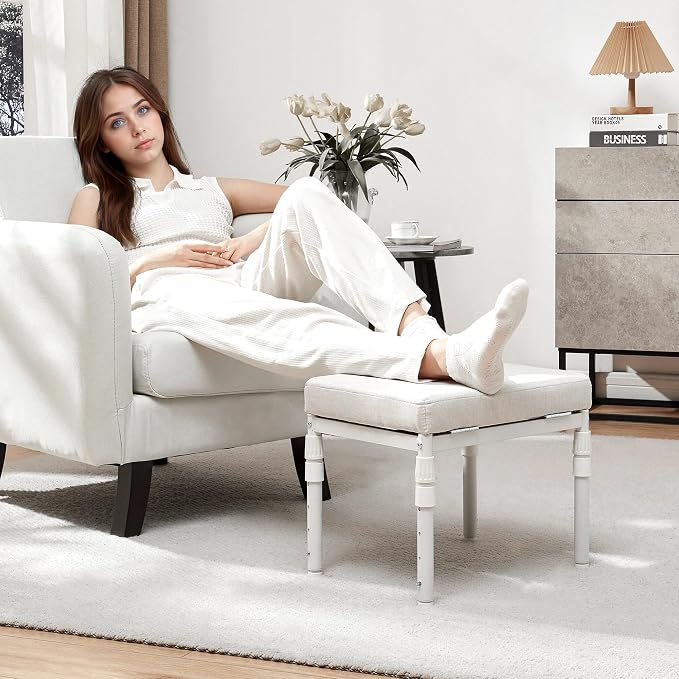 TIOPGHAD Adjustable Ottoman Pouf Footrest, 60 Degree Tilt, Beige | 4-Height, 28 Positions, Iron frame, Foam Cushion, 15.74 x 11.81 x 13.34 in, Under Desk, Living room, Home Office