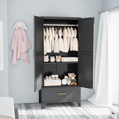 PAOFIN 71" Metal Armoire Wardrobe Closet Storage Cabinet with Hanging Rod,Metal Clothing Cabinet with 1 Drawer and Adjustable Shelf for Bedroom, Laundry Room(Black)