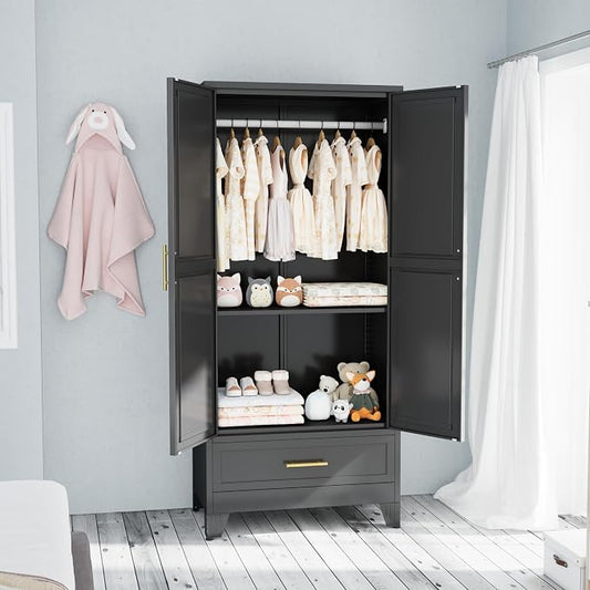 PAOFIN 71" Metal Armoire Wardrobe Closet Storage Cabinet with Hanging Rod,Metal Clothing Cabinet with 1 Drawer and Adjustable Shelf for Bedroom, Laundry Room(Black)