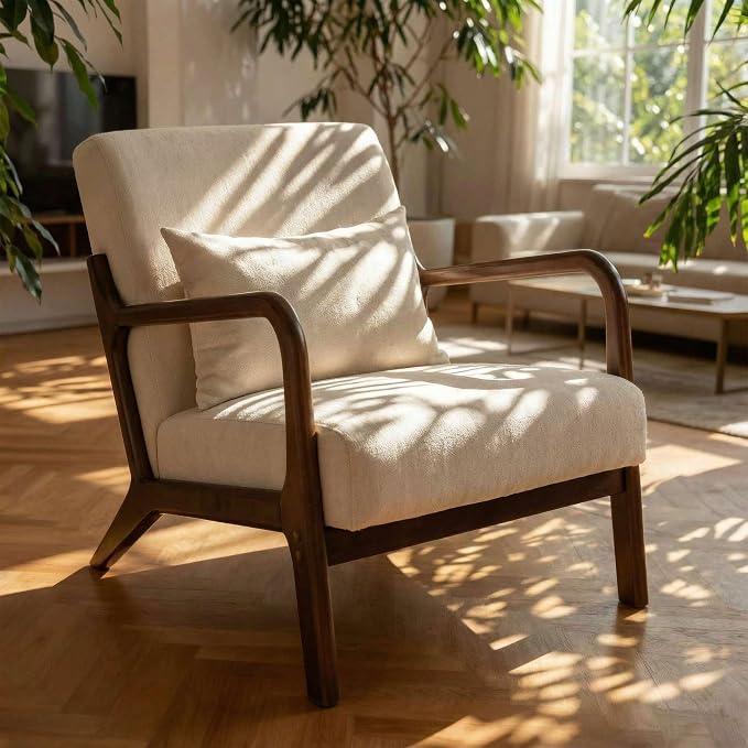 Mid Century Modern Accent Chair - Solid Rubberwood Frame Reading Armchair with Lumbar Pillow - Comfy Linen Lounge Chair for Living Room Bedroom Small Space - Heavy Duty 350lbs