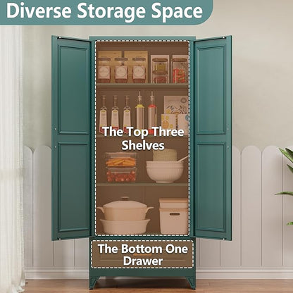 Polup Metal Storage Cabinet,75" Tall Kitchen Pantry Storage Cabinet with Doors and Adjustable Shelves, Green Metal Pantry Cabinets with Drawer, Large Cupboard for Kitchen, Dining Living Room