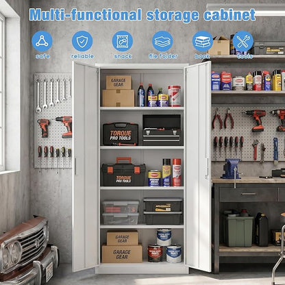 SUXXAN Metal Storage Cabinet with Doors and Shelves, 71" H Locking Steel Garage Cabinet for Home Office Studio Pantry, Tall Tool File Cabinet Assembly Require, White