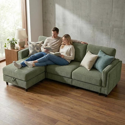 KKL Modular Sectional Sofa Bed with Storage Ottoman, Convertible L/U-Shaped Sleeper Couch for Living Room, Modern Reversible Design (Green, 4 Seat L Shape)