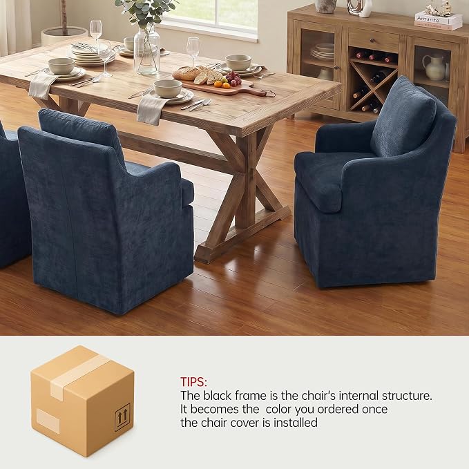 VKNOW Upholstered Dining Chairs Set of 4, Linen Kitchen Chair Dinner Chair with 4 Casters, Chenille Armchair for Bedroom Reading Room Living Room, Blue