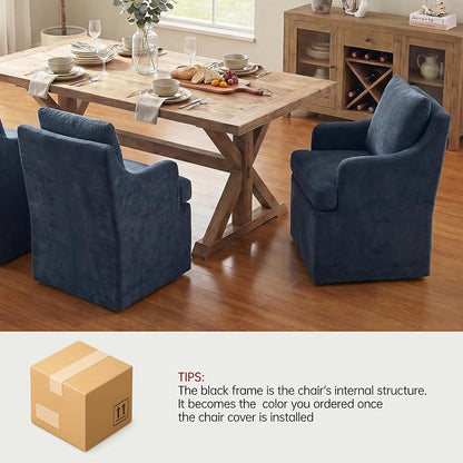 VKNOW Upholstered Dining Chairs Set of 4, Linen Kitchen Chair Dinner Chair with 4 Casters, Chenille Armchair for Bedroom Reading Room Living Room, Blue
