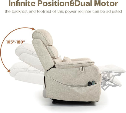 JIKFRIMA Power Lift Recliners Chairs for Elderly Adults Lay Flat Recliner with Heat & Massage, Wireless Charging Device, USB Ports, Cup Holder, Lumbar Pillow, 400Lbs（Grainy Fibric,Oatmeal）