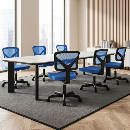 Sweetcrispy Ergonomic Low-Back Mesh Small Office Chair, Rolling Work Swivel Chairs with Wheels, Armless Comfortable Seat Lumbar Support for Home, Bedroom, Study, Student, Adults, Blue