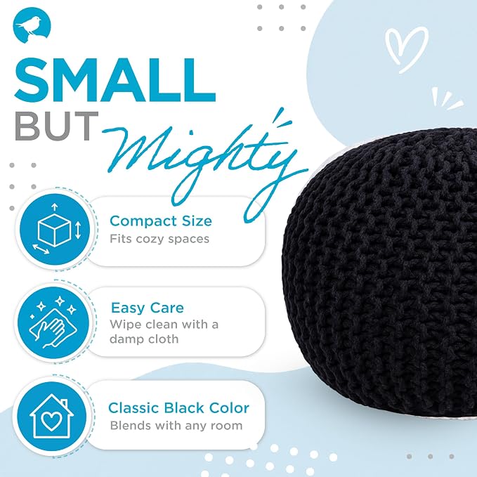 BIRDROCK HOME Round Pouf Ottoman Foot Rest - 18.5”x18.5”x15” Boho Compact Comfortable Soft Cotton Braided Foot Stool with Bean Bag Filling for Living Room, Bedroom, or Nursery (Black)