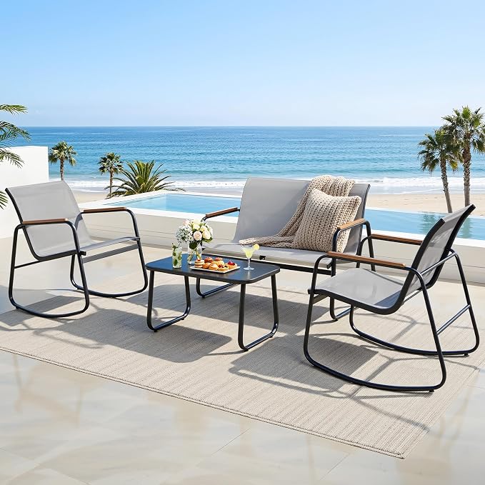 DWVO 4-Piece Patio Furniture Set, Textilene Conversation Set with Wooden Armrest Rocking Chairs and Tempered Glass Table for Indoor Outdoor Patio Lawn Garden Poolside, Grey