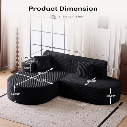 Modern Curved Boneless Sofa Couch, L-Shaped Corner Sofa, Corduroy Upholstered Cloud Sectional Couch for Living Room, Bedroom and Apartment,No Assembly Needed(Black, Left Hand Facing)
