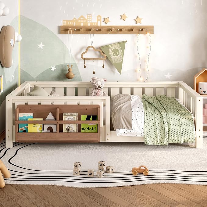 Bellemave Beige Montessori Floor Bed with Fence and Slats, Twin Size Montessori Floor Bed with Bookcase and High Rails, Easy Assemble Bed Frame for Girls, Boys, Twin