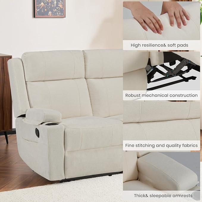 GUEAPY 55" Loveseat Reclining Sofa with Cup Holders – Manual Double Reclining Sofa for Aprtment & Small Spaces, Chenille Fabric Reclinig Couch with Wide Armrests & Side Storage for Livingroom Beige