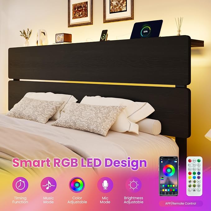 SHA CERLIN King Size Bed Frame with Led Light & Built-in Charging Station, Wooden Headboard with Storage Shelf, Metal Platform Bed, Under Bed Storage, No Box Spring Needed, Noise Free, Black