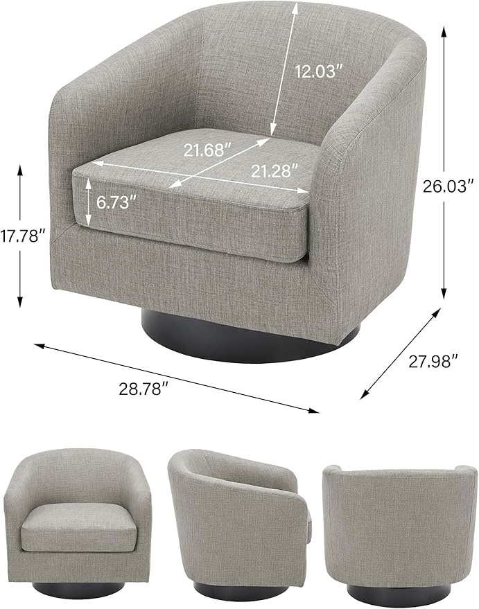 Swivel Barrel Accent Chair, Modern Round Linen Arm Chair for Living Room, Bedroom, Comfy Club Reading Chairs for Adults（Linen Fabric, Khaki, Set of 2