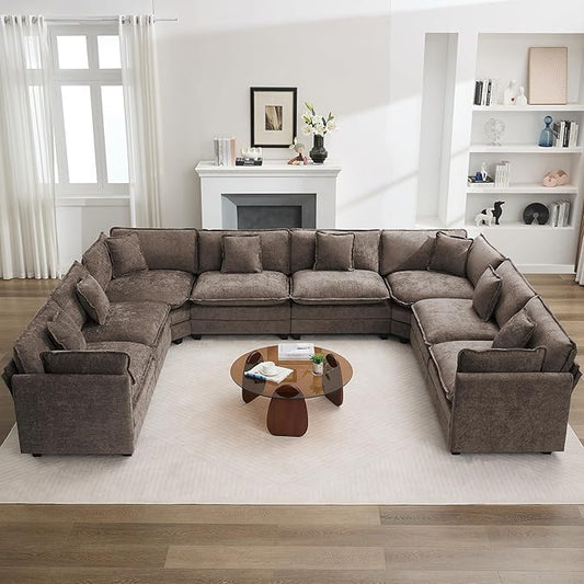 147'' Oversized U Shaped Cloud Sectional Sofa, Chenille Deep Seat Couches for Living Room, Comfy Upholstered Modular Sectional Sofa Couch, Brown