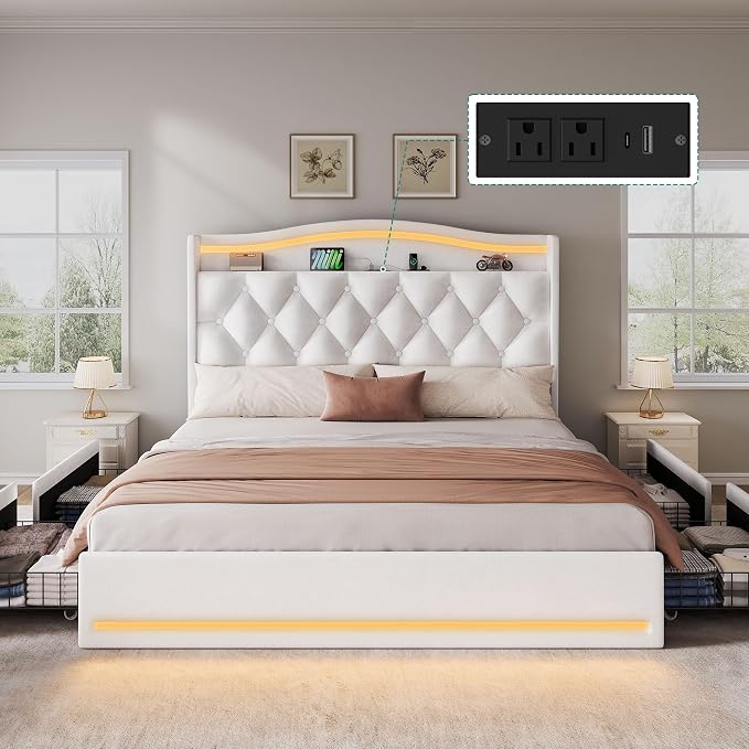 DWVO Queen Size Bed Frame with 4 Storage Drawers and RGB LED Lights, 57'' Tall Headboard Velvet Upholstered Bed with Charging Station, No Box Spring Needed, Easy Assembly, Noise-Free, White