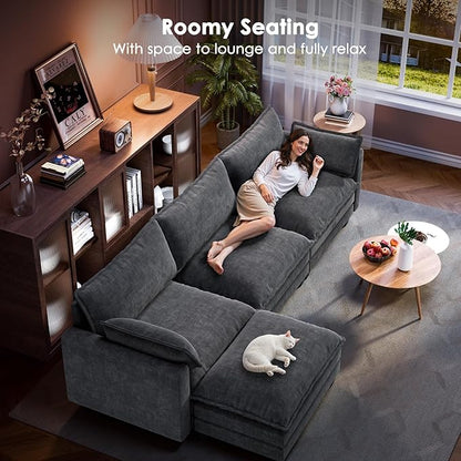 Marsail Modular Sectional Sofa 110.6" U-Shaped Modern Comfy Cloud Couch, 5-Seat Chenille Deep Seat Sofa with Throw Pillow & Movable Ottoman for Living Room, Bedroom and Apartment, Grey