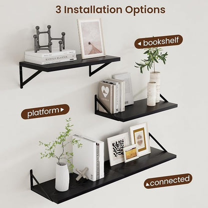 Axeman Deep Floating Shelves Black- 24 Inch Wide x 12 Inch Deep Wall Shelves Set of 2 - Black Wood Wall Shelves for Living Room Bedroom Laundry Room