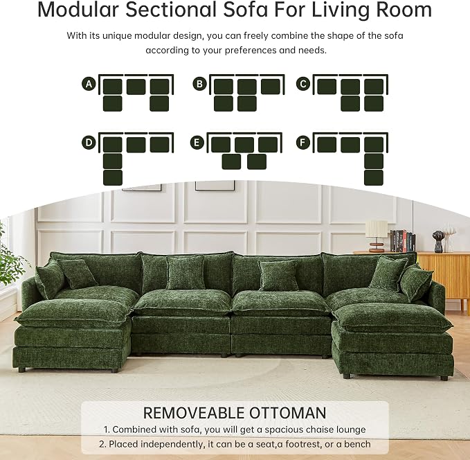 Modular Sectional Sofa, 147.2 Inch U Shaped Couch Set with Armrests, 4-Seater Comfy Cloud Couches with Movable Ottoman for Living Room Apartment, Green