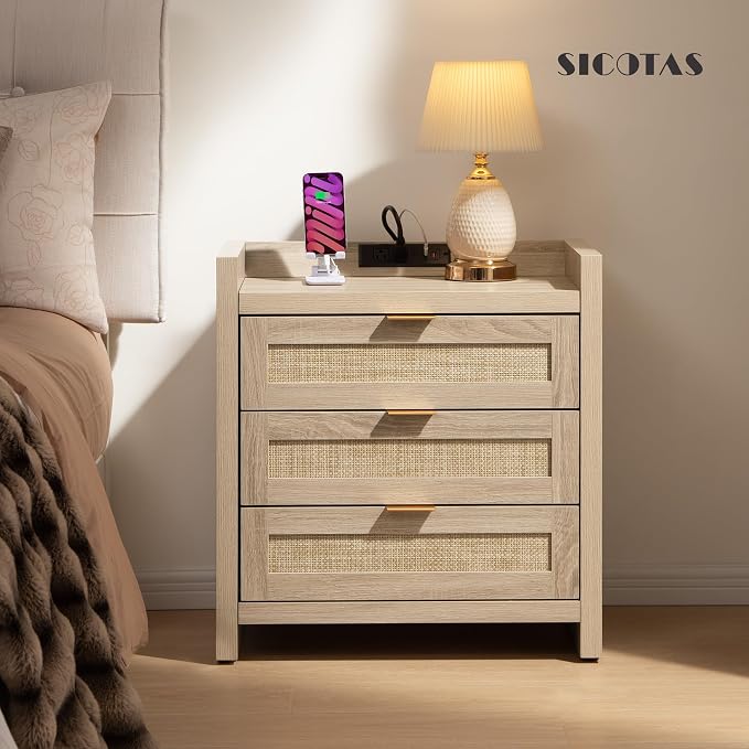 SICOTAS Rattan Nightstands Set of 2 Bedside Table - Larger Night Stand with Type-C Charging Station, 3 Drawers Storage, Boho Night Stands End Table for Bedroom Office - Light Oak