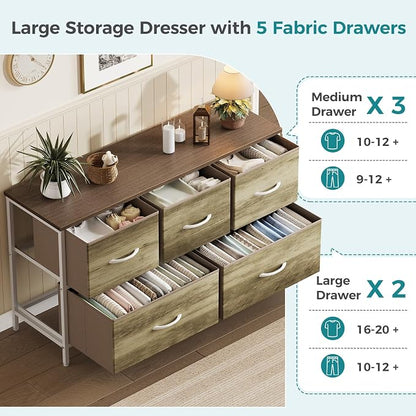 OLIXIS 5 Drawer Dresser for Bedroom, Storage Organizer Unit for Closet | Chest of Drawers for Clothes Storage with Bins, Wide Fabric Bedroom Dresser, Wooden Top, Living Room, Greige Oak