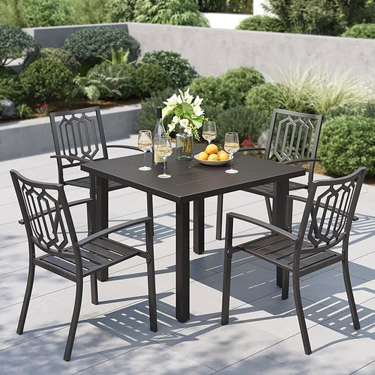 PHI VILLA 5 Piece Metal Outdoor Table and Chairs, 34.2" Metal Square Table with Umbrella Hole & Stackable Wrought Iron Chairs, All Weather Large Furniture Set for Patio, Deck, Backyard, Porch - Black