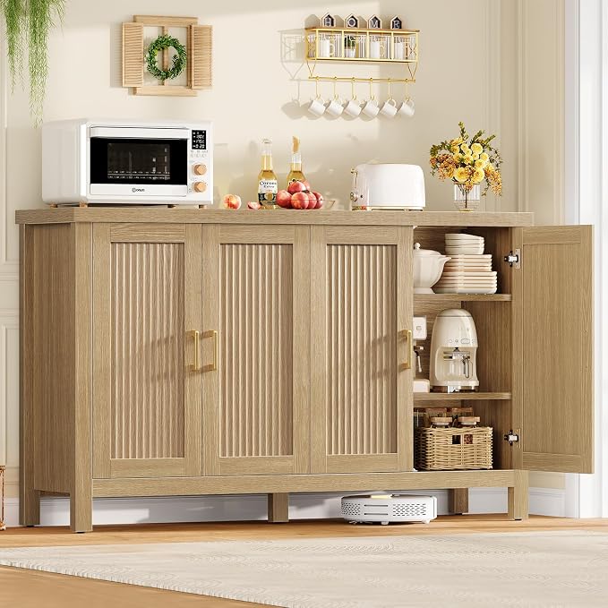 55" Buffet Cabinet with Storage, Large Sideboard Buffet Cabinet with 4 Adjustable Shelves, Modern Fluted Coffee Bar for Kitchen, Living Room, Natural