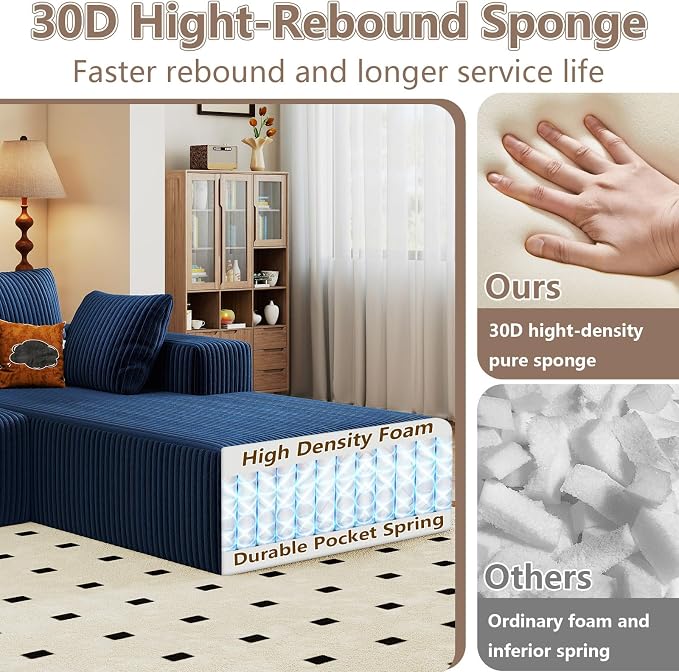 95" Cloud Sectional Couch with L-Shape Chaise, Modular Comfy Sofa Chaise Longue, Upholstered Corduroy Couches Sleeper with Deep Seat for Living Room Bedroom, No Assembly Required(Blue, Right Facing)