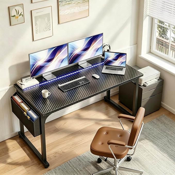 DurayLoly 48" Gaming Desk with Waterproof LED Lights, Carbon Fiber Desktop for Small Spaces | Home Office Study Computer Desk with Storage Bag & Headphone Hook, Black